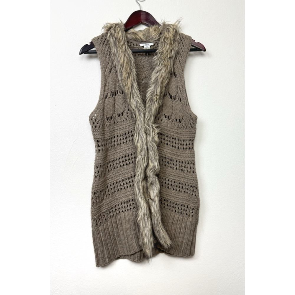 Bar III Women’s Crochet Vest Faux Fur Trim Brown Boho Large Hippie Festival Y2K